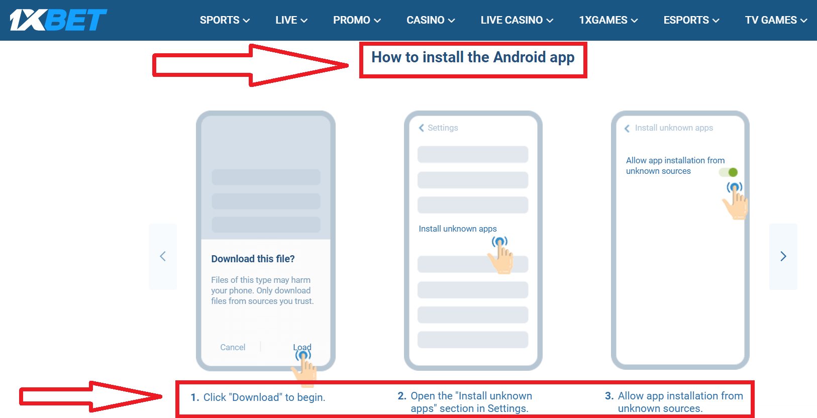 How to start the apk download process for Android app by the 1xBet company